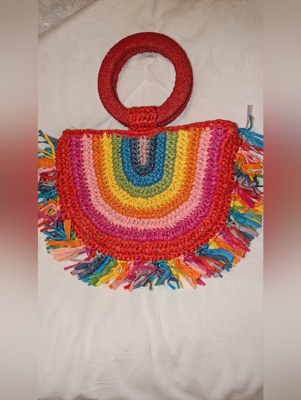 SHEIN VCAY Rainbow Stripe Pattern Fringe Decor Straw Bag NWOT